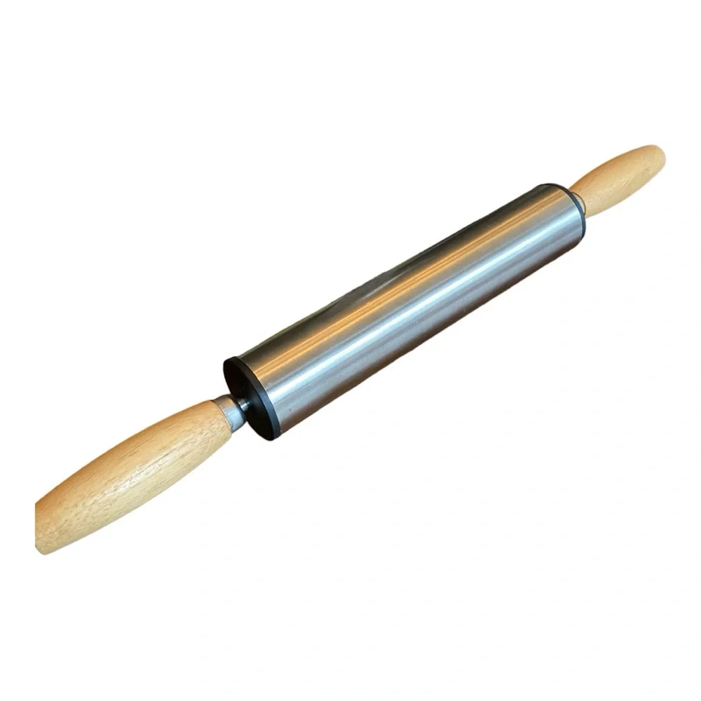 Stainless Steel rolling pin with wooden handles 19.25” x 6.5” VGUC